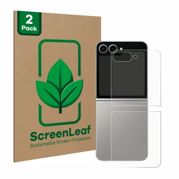Parte frontal de un envase de producto con el logotipo de la marca ScreenLeaf. Al lado se muestra el dispositivo Samsung Galax
