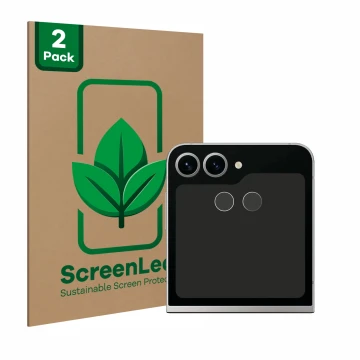 Parte frontal de un envase de producto con el logotipo de la marca ScreenLeaf. Al lado se muestra el dispositivo Samsung Galax