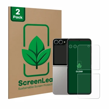 Parte frontal de un envase de producto con el logotipo de la marca ScreenLeaf. Al lado se muestra el dispositivo Samsung Galax
