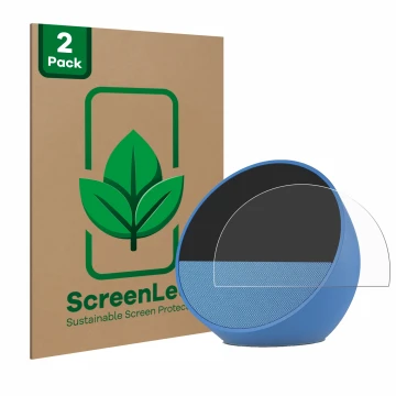 Parte frontal de un envase de producto con el logotipo de la marca ScreenLeaf. Al lado se muestra el dispositivo Amazon Echo S