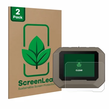 Parte frontal de un envase de producto con el logotipo de la marca ScreenLeaf. Al lado se muestra el dispositivo Garmin Xero C