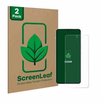 Parte frontal de un envase de producto con el logotipo de la marca ScreenLeaf. Al lado se muestra el dispositivo OnePlus Nord 