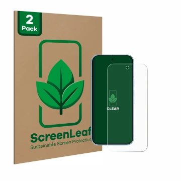 Parte frontal de un envase de producto con el logotipo de la marca ScreenLeaf. Al lado se muestra el dispositivo Google Pixel 