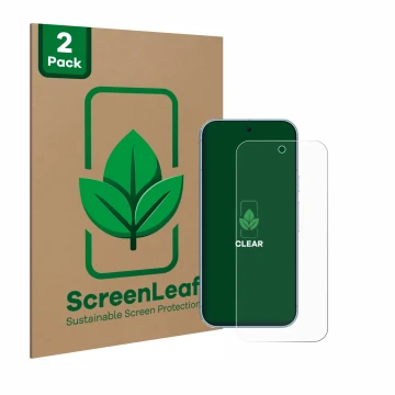 Parte frontal de un envase de producto con el logotipo de la marca ScreenLeaf. Al lado se muestra el dispositivo Google Pixel 