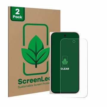 Parte frontal de un envase de producto con el logotipo de la marca ScreenLeaf. Al lado se muestra el dispositivo Google Pixel 