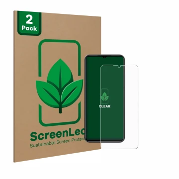Parte frontal de un envase de producto con el logotipo de la marca ScreenLeaf. Al lado se muestra el dispositivo ZTE Blade A54