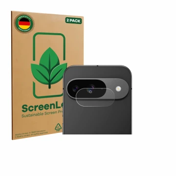 Parte frontal de un envase de producto con el logotipo de la marca ScreenLeaf. Al lado se muestra el dispositivo Google Pixel 