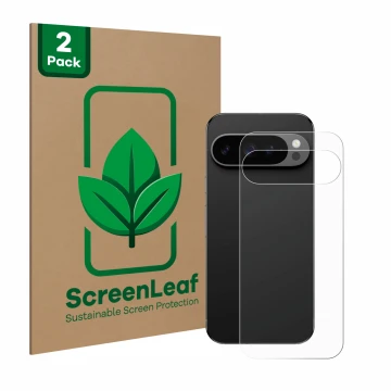 Parte frontal de un envase de producto con el logotipo de la marca ScreenLeaf. Al lado se muestra el dispositivo Google Pixel 