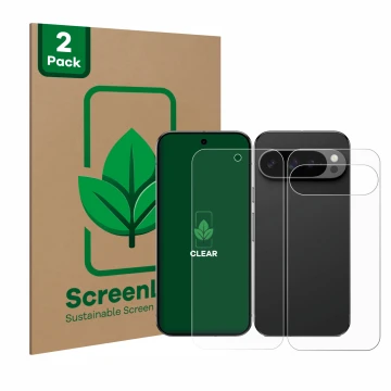 Parte frontal de un envase de producto con el logotipo de la marca ScreenLeaf. Al lado se muestra el dispositivo Google Pixel 