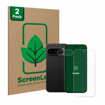 Parte frontal de un envase de producto con el logotipo de la marca ScreenLeaf. Al lado se muestra el dispositivo Google Pixel 