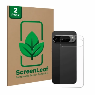 Parte frontal de un envase de producto con el logotipo de la marca ScreenLeaf. Al lado se muestra el dispositivo Google Pixel 