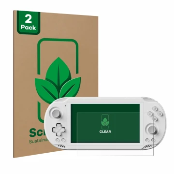 Parte frontal de un envase de producto con el logotipo de la marca ScreenLeaf. Al lado se muestra el dispositivo AYN Odin 2 Mi