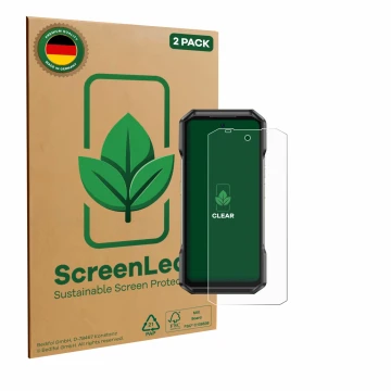 Parte frontal de un envase de producto con el logotipo de la marca ScreenLeaf. Al lado se muestra el dispositivo Ulefone Armor