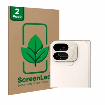 Parte frontal de un envase de producto con el logotipo de la marca ScreenLeaf. Al lado se muestra el dispositivo Google Pixel 