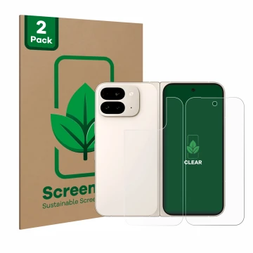 Parte frontal de un envase de producto con el logotipo de la marca ScreenLeaf. Al lado se muestra el dispositivo Google Pixel 