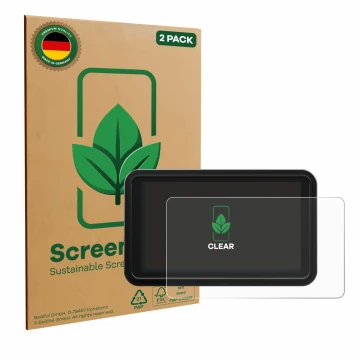 Parte frontal de un envase de producto con el logotipo de la marca ScreenLeaf. Al lado se muestra el dispositivo Atomos Shinob