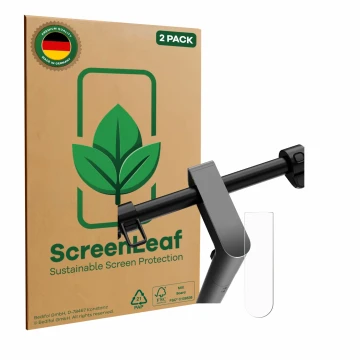 Parte frontal de un envase de producto con el logotipo de la marca ScreenLeaf. Al lado se muestra el dispositivo Navee S65 con