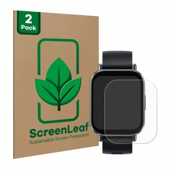 Parte frontal de un envase de producto con el logotipo de la marca ScreenLeaf. Al lado se muestra el dispositivo Xiaomi Redmi 