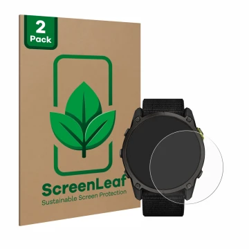 Parte frontal de un envase de producto con el logotipo de la marca ScreenLeaf. Al lado se muestra el dispositivo Garmin Enduro