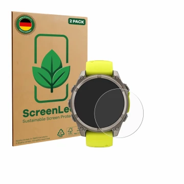 Parte frontal de un envase de producto con el logotipo de la marca ScreenLeaf. Al lado se muestra el dispositivo Garmin Fenix 