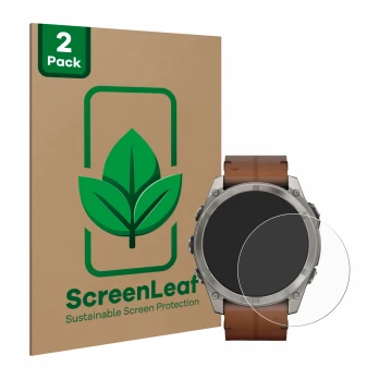 Parte frontal de un envase de producto con el logotipo de la marca ScreenLeaf. Al lado se muestra el dispositivo Garmin Fenix 