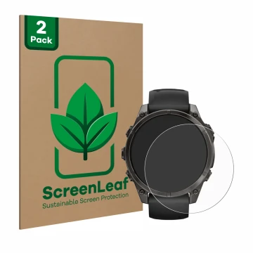 Parte frontal de un envase de producto con el logotipo de la marca ScreenLeaf. Al lado se muestra el dispositivo Garmin Fenix 