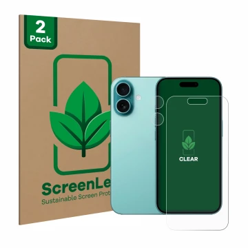 Parte frontal de un envase de producto con el logotipo de la marca ScreenLeaf. Al lado se muestra el dispositivo Apple iPhone 