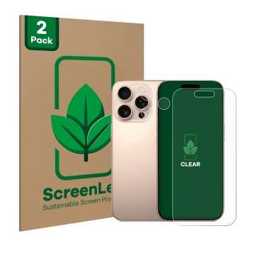 Parte frontal de un envase de producto con el logotipo de la marca ScreenLeaf. Al lado se muestra el dispositivo Apple iPhone 