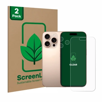 Parte frontal de un envase de producto con el logotipo de la marca ScreenLeaf. Al lado se muestra el dispositivo Apple iPhone 