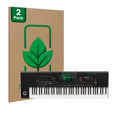 Parte frontal de un envase de producto con el logotipo de la marca ScreenLeaf. Al lado se muestra el dispositivo KORG Pa4x con