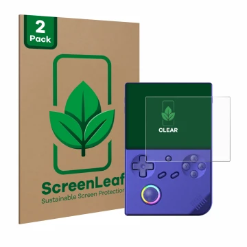 Parte frontal de un envase de producto con el logotipo de la marca ScreenLeaf. Al lado se muestra el dispositivo Anbernic RG40