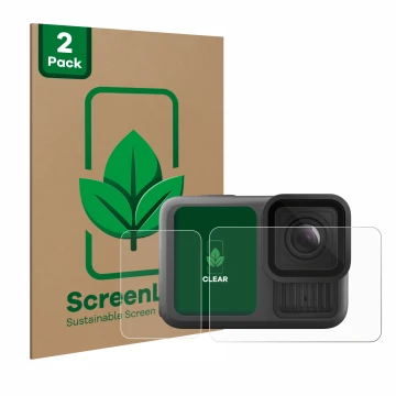 Parte frontal de un envase de producto con el logotipo de la marca ScreenLeaf. Al lado se muestra el dispositivo GoPro Hero 13