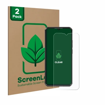 Parte frontal de un envase de producto con el logotipo de la marca ScreenLeaf. Al lado se muestra el dispositivo Oukitel WP50 