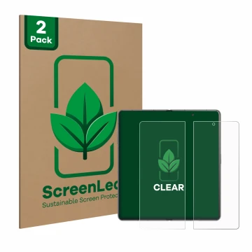 Parte frontal de un envase de producto con el logotipo de la marca ScreenLeaf. Al lado se muestra el dispositivo Honor Magic V