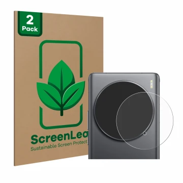 Parte frontal de un envase de producto con el logotipo de la marca ScreenLeaf. Al lado se muestra el dispositivo Vivo X100 Ult