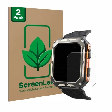 Parte frontal de un envase de producto con el logotipo de la marca ScreenLeaf. Al lado se muestra el dispositivo Findtime Smar