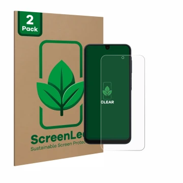 Parte frontal de un envase de producto con el logotipo de la marca ScreenLeaf. Al lado se muestra el dispositivo Samsung Galax