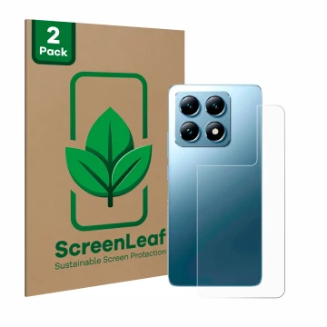 Parte frontal de un envase de producto con el logotipo de la marca ScreenLeaf. Al lado se muestra el dispositivo Xiaomi 14T Pr