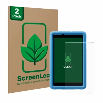 Parte frontal de un envase de producto con el logotipo de la marca ScreenLeaf. Al lado se muestra el dispositivo Blackview Tab