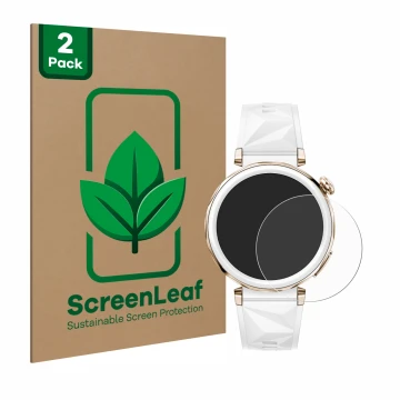 Parte frontal de un envase de producto con el logotipo de la marca ScreenLeaf. Al lado se muestra el dispositivo Huawei Watch 