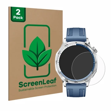 Parte frontal de un envase de producto con el logotipo de la marca ScreenLeaf. Al lado se muestra el dispositivo Huawei Watch 