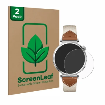Parte frontal de un envase de producto con el logotipo de la marca ScreenLeaf. Al lado se muestra el dispositivo Huawei Watch 