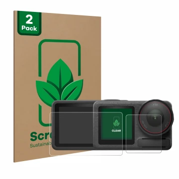 Parte frontal de un envase de producto con el logotipo de la marca ScreenLeaf. Al lado se muestra el dispositivo DJI Osmo Acti