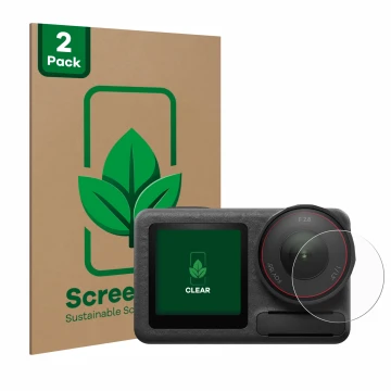 Parte frontal de un envase de producto con el logotipo de la marca ScreenLeaf. Al lado se muestra el dispositivo DJI Osmo Acti