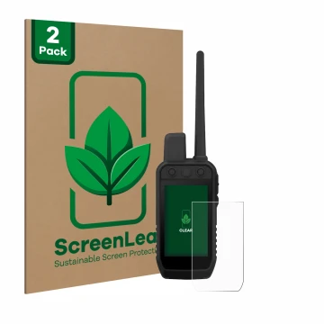 Parte frontal de un envase de producto con el logotipo de la marca ScreenLeaf. Al lado se muestra el dispositivo Garmin Alpha 