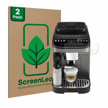 Parte frontal de un envase de producto con el logotipo de la marca ScreenLeaf. Al lado se muestra el dispositivo DeLonghi Magn