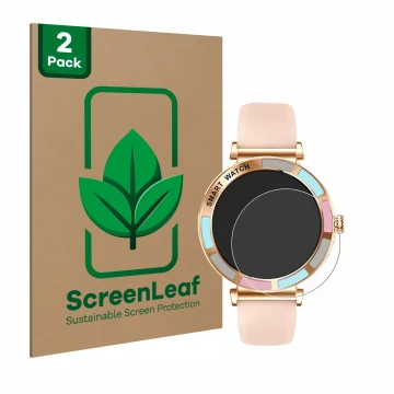 Parte frontal de un envase de producto con el logotipo de la marca ScreenLeaf. Al lado se muestra el dispositivo Bekomiya Smar
