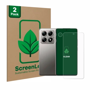 Parte frontal de un envase de producto con el logotipo de la marca ScreenLeaf. Al lado se muestra el dispositivo Xiaomi 14T (F