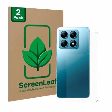 Parte frontal de un envase de producto con el logotipo de la marca ScreenLeaf. Al lado se muestra el dispositivo Xiaomi 14T (T