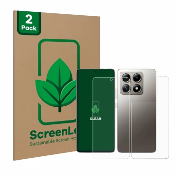 Parte frontal de un envase de producto con el logotipo de la marca ScreenLeaf. Al lado se muestra el dispositivo Xiaomi 14T (F